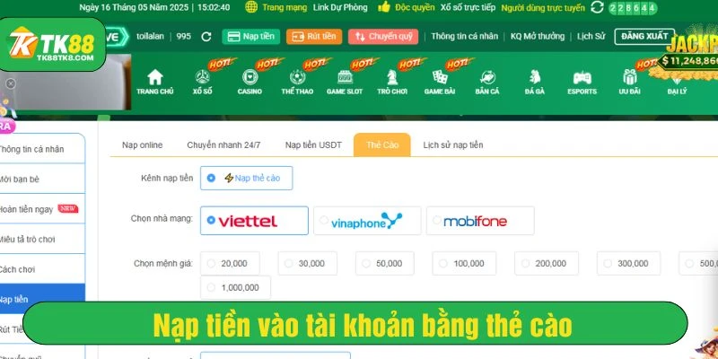 Hình thức chuyển vốn vào tài khoản bằng thẻ cào