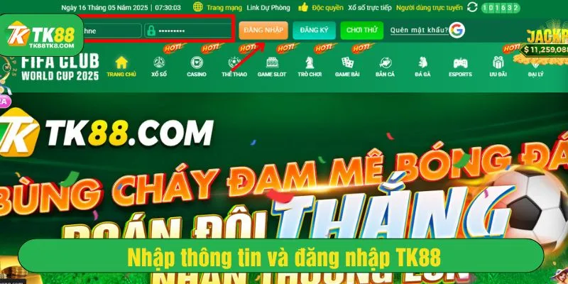 Nhập thông tin và đăng nhập TK88