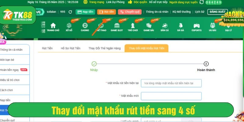 Thay đổi mật khẩu rút tiền TK88